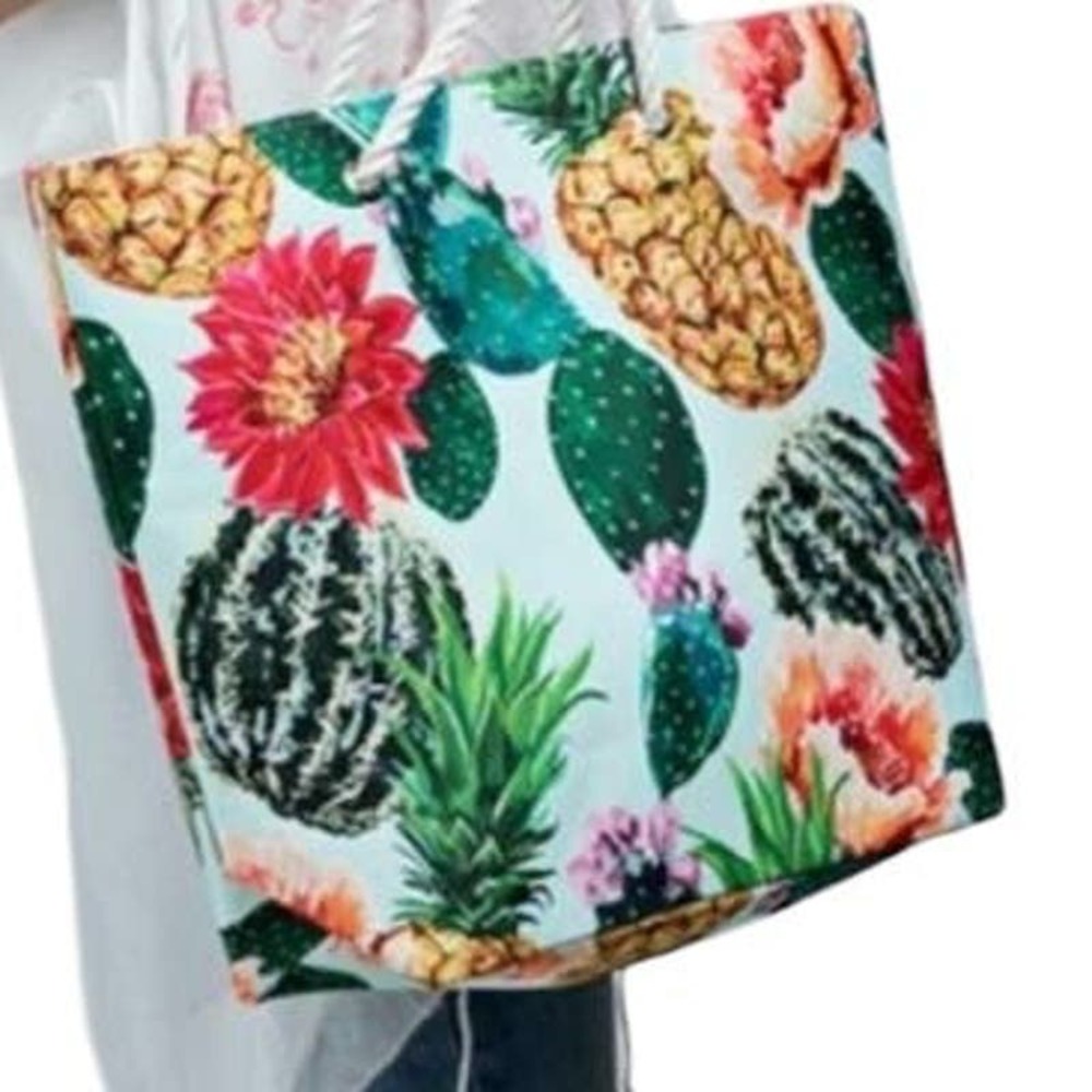 CACTUS, PINEAPPLES AND FLOWERS OH MY! LARGE TOTE BAG